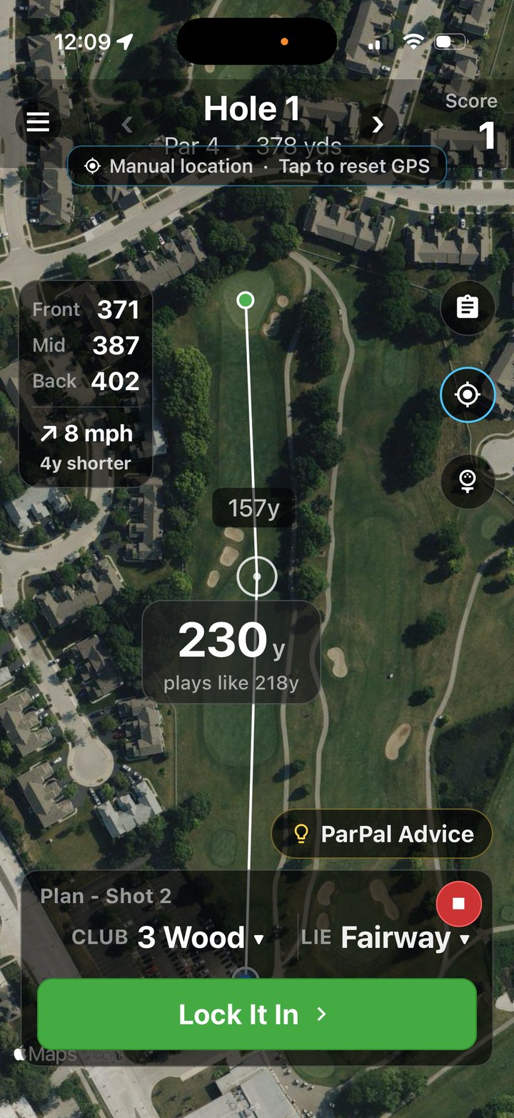 ParPal plan card: front, middle, and back yardages, wind, plays-like distance, club and lie, Lock It In button