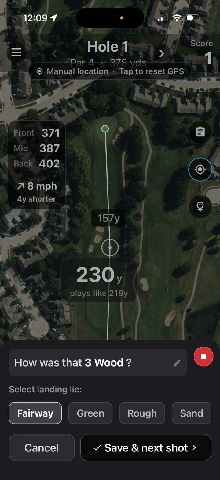 ParPal record sheet: How was that 3 Wood? Select landing lie, Save and next shot