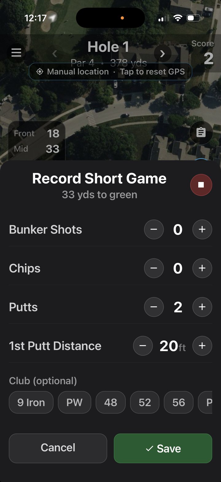 ParPal short game sheet at 33 yards: count bunker shots, chips, and putts with the mic recording